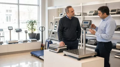 Elektronik terazi modellerini karşılaştıran işletme sahibi ve satış uzmanı